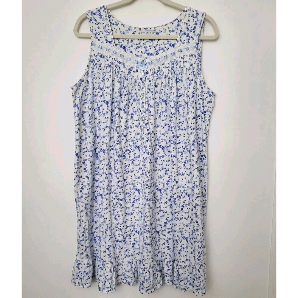 EILEEN WEST Sleeveless Nightgown Chemise Womens L Cotton Blue White Floral